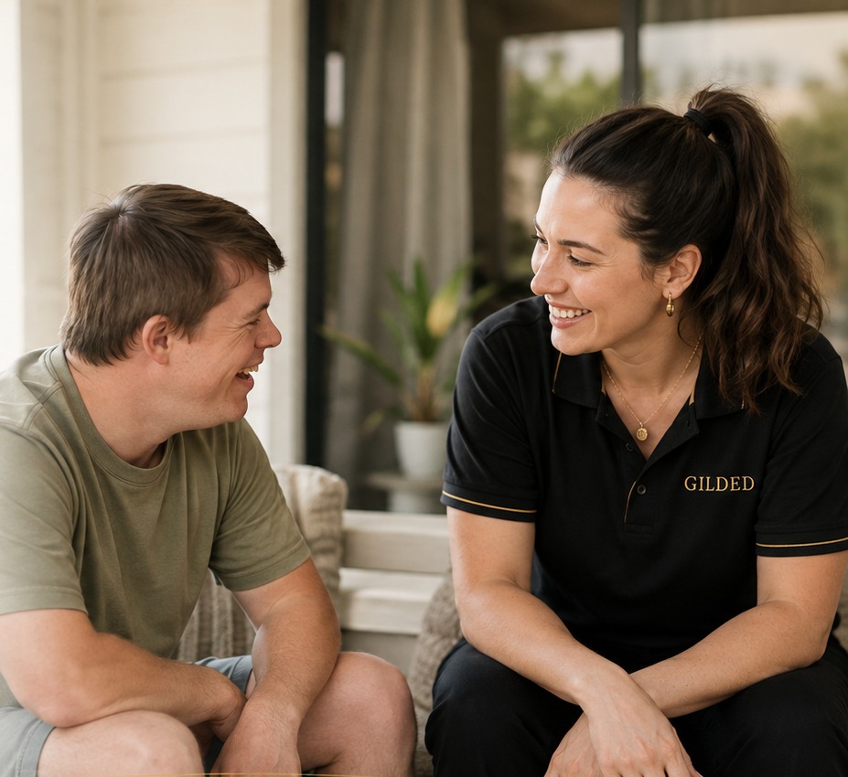 A support worker and participant laughing together on a front porch.